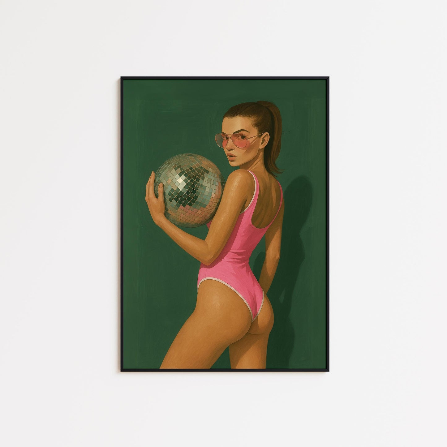 Retro Glam Poster – Bold Pink Swimsuit Art With Disco Ball Wall Decor