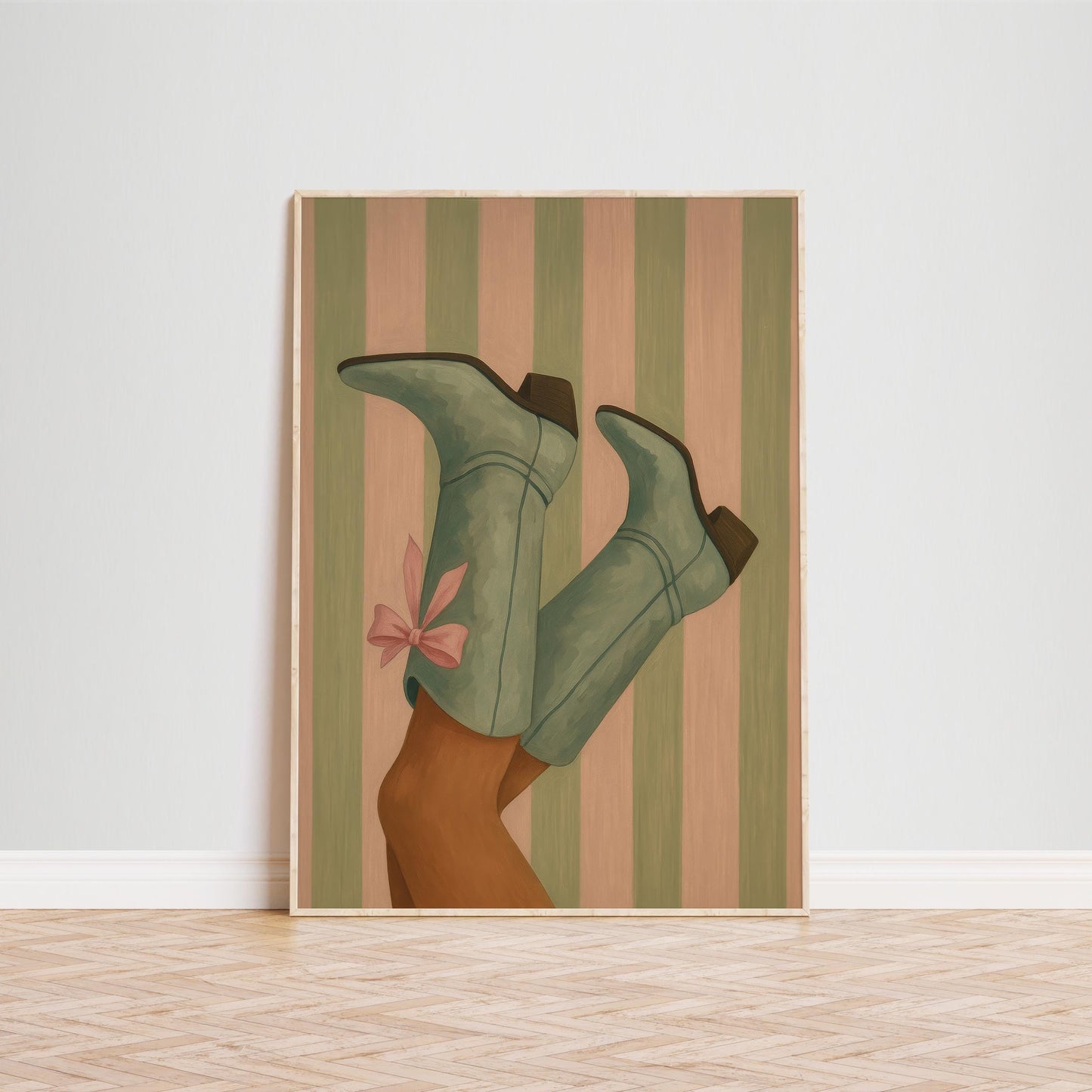 Mint Cowgirl Boots Poster – Feminine Western Wall Art with Retro Stripes & Pink Bow