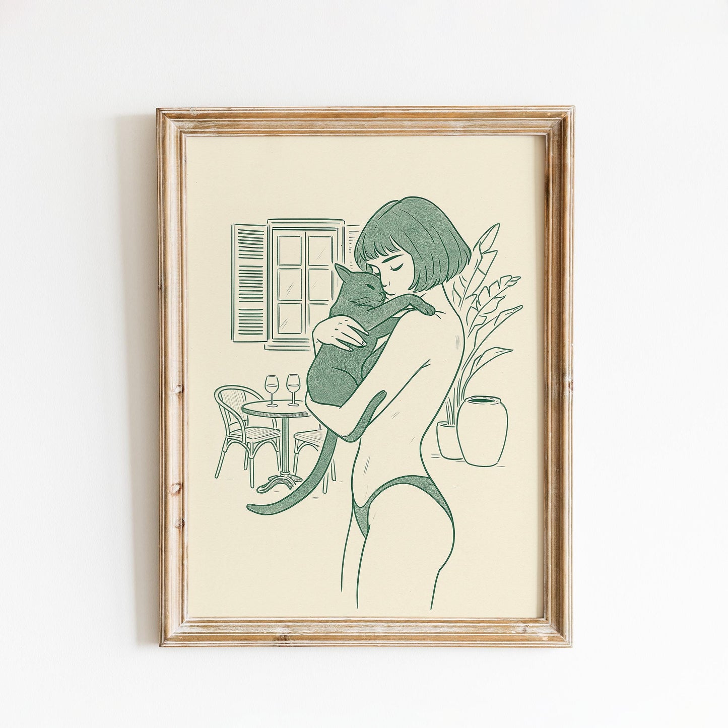 Morning Balcony – Woman and Cat Line Art, Intimate Minimal Illustration Print