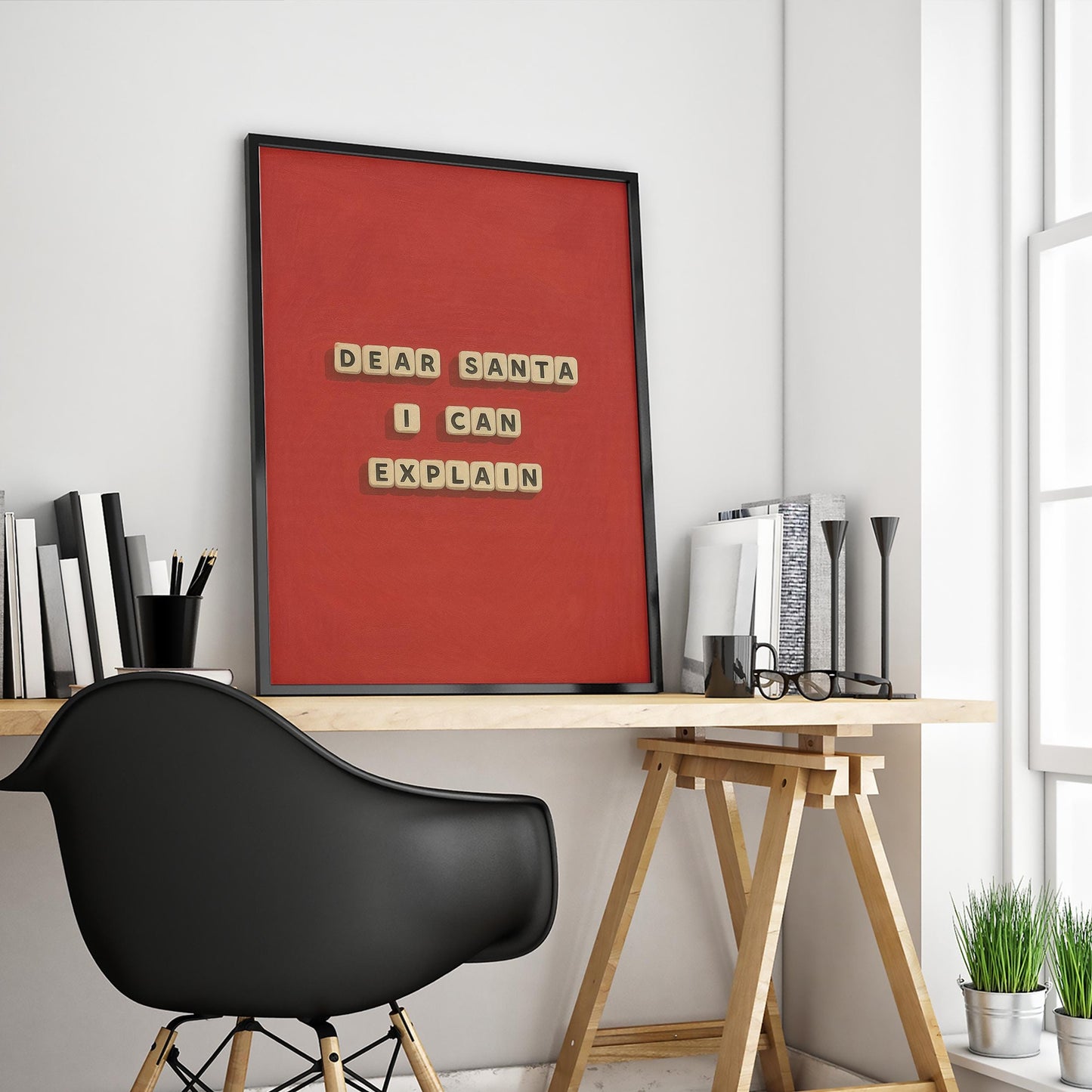Funny Christmas Wall Art – Dear Santa Print With Witty Holiday Message & Red Festive Decor