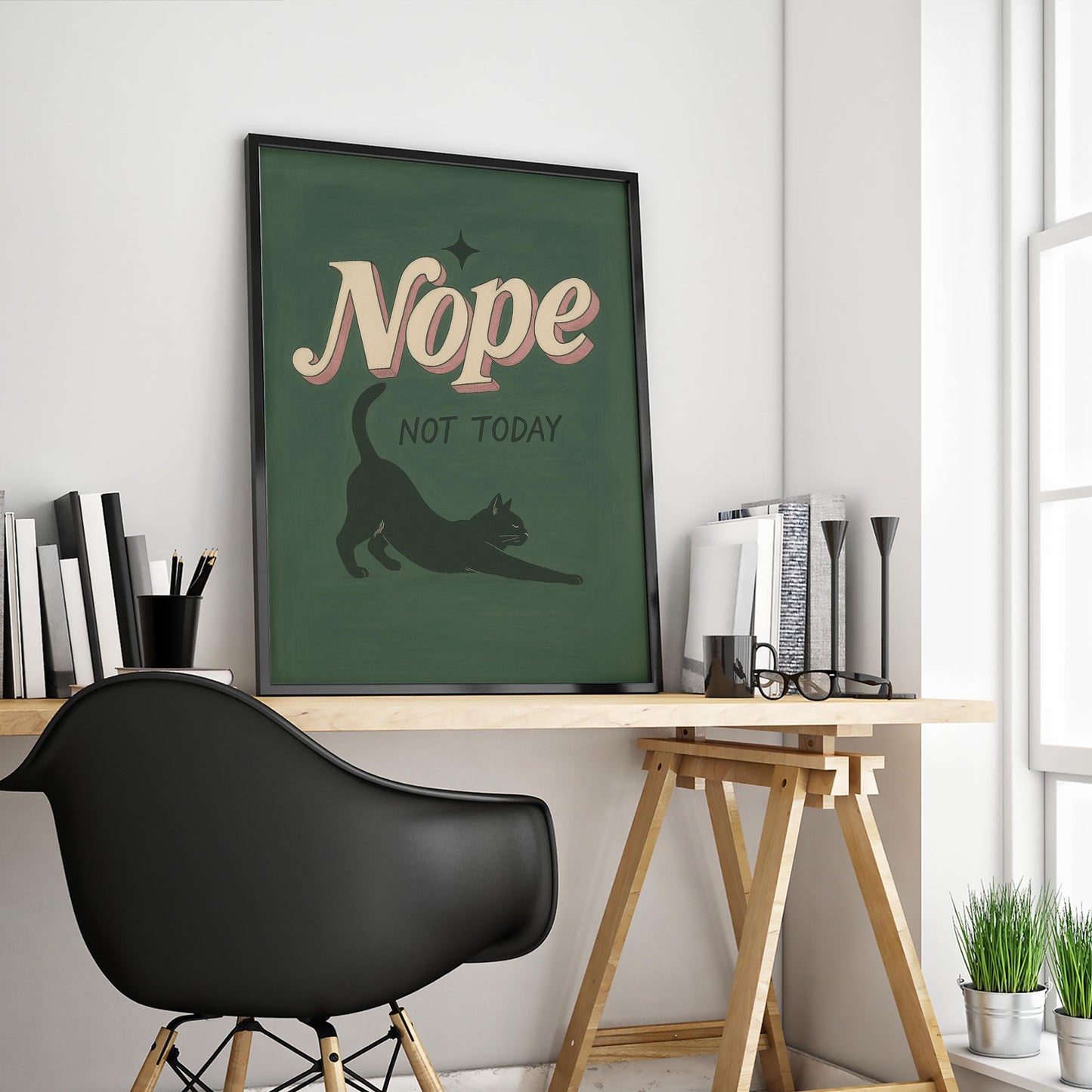 Lazy Cat Wall Art – Funny Cat Poster With Green Retro Print & Vintage Typography