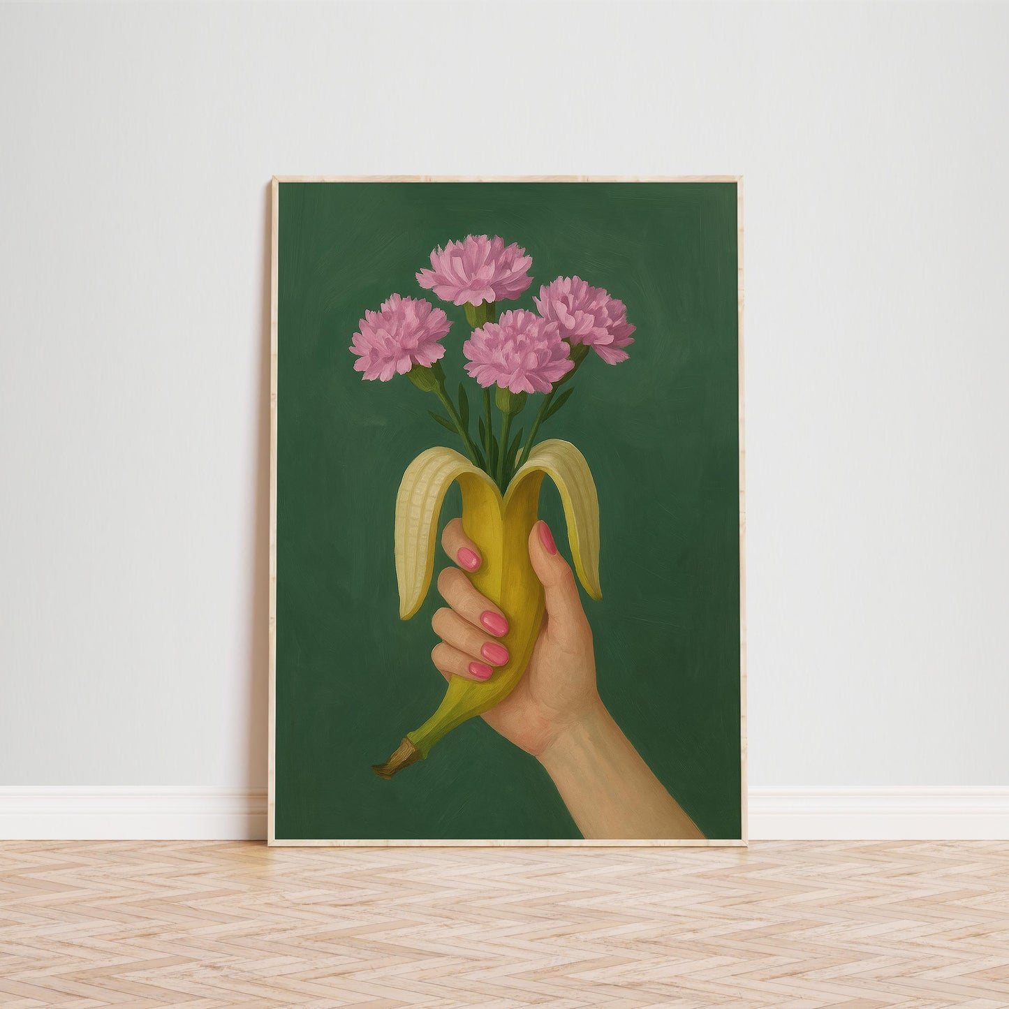 Banana Bouquet Art Print – Surreal Floral Pop Decor with Pink Flowers