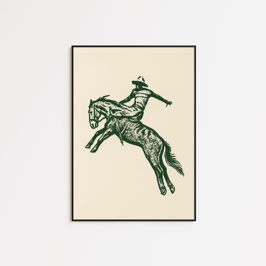 Western Cowboy Rodeo Art Print – Vintage Bronco Silhouette in Forest Green