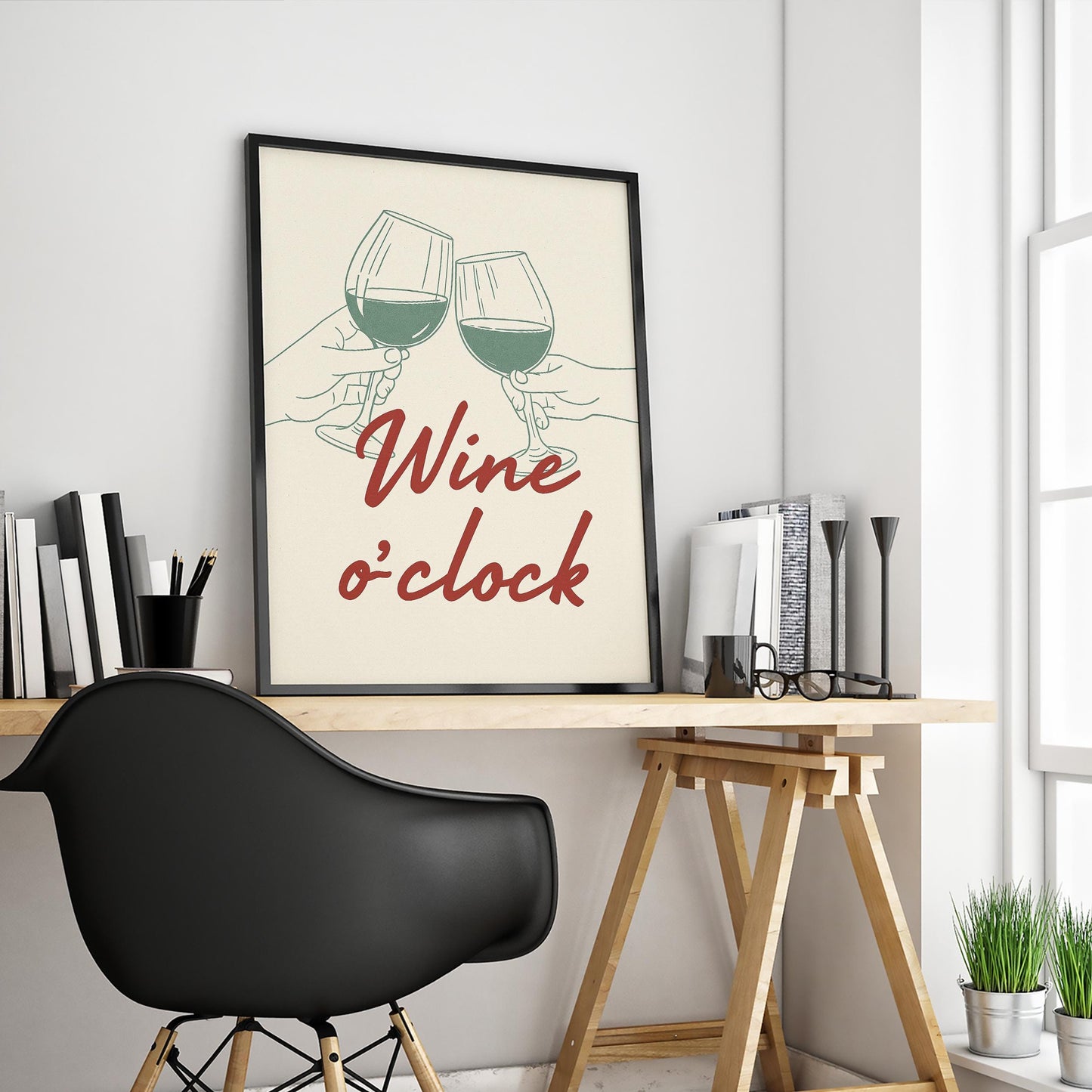 Wine O'Clock Print – Red Script, Minimalist Kitchen Wall Art