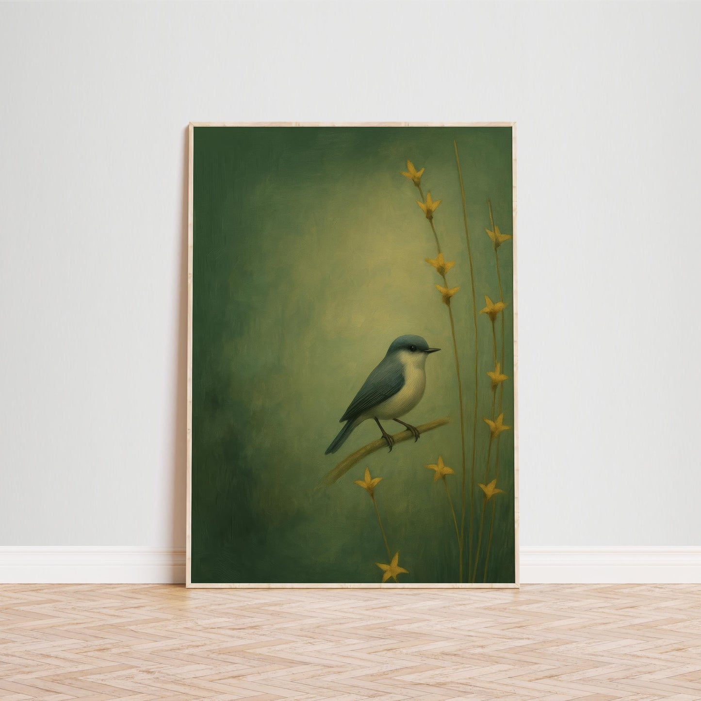 Moody Green Wall Art – Serene Bird Wall Print With Yellow Flower Art