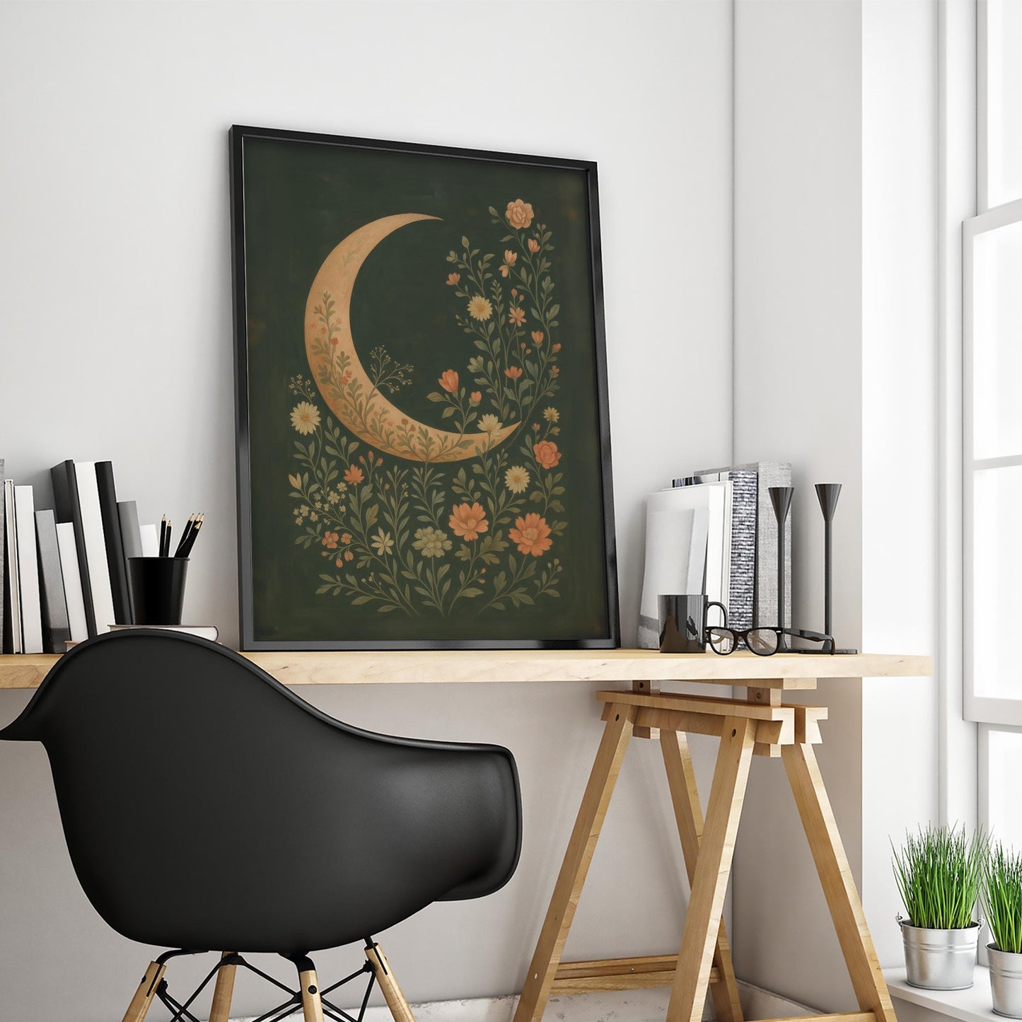 Floral Crescent Moon Botanical Wall Art – Dark Folk Decor, Ethereal Design
