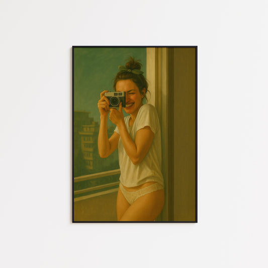 Retro Photography Poster – Smiling Girl Artwork with Vintage Camera Art