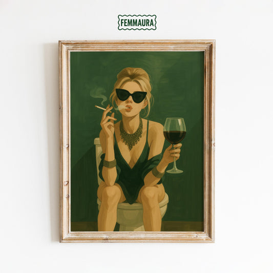 Glam Woman Poster – Feminine Wall Art | Smoking Wine Satire in Green Aesthetic