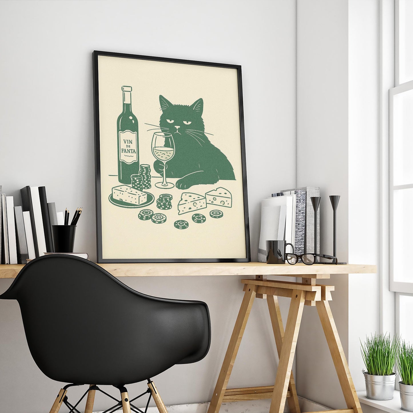 Wine and Cheese Cat Poster – Funny Minimal Line Art, Sophisticated Cat Wall Print