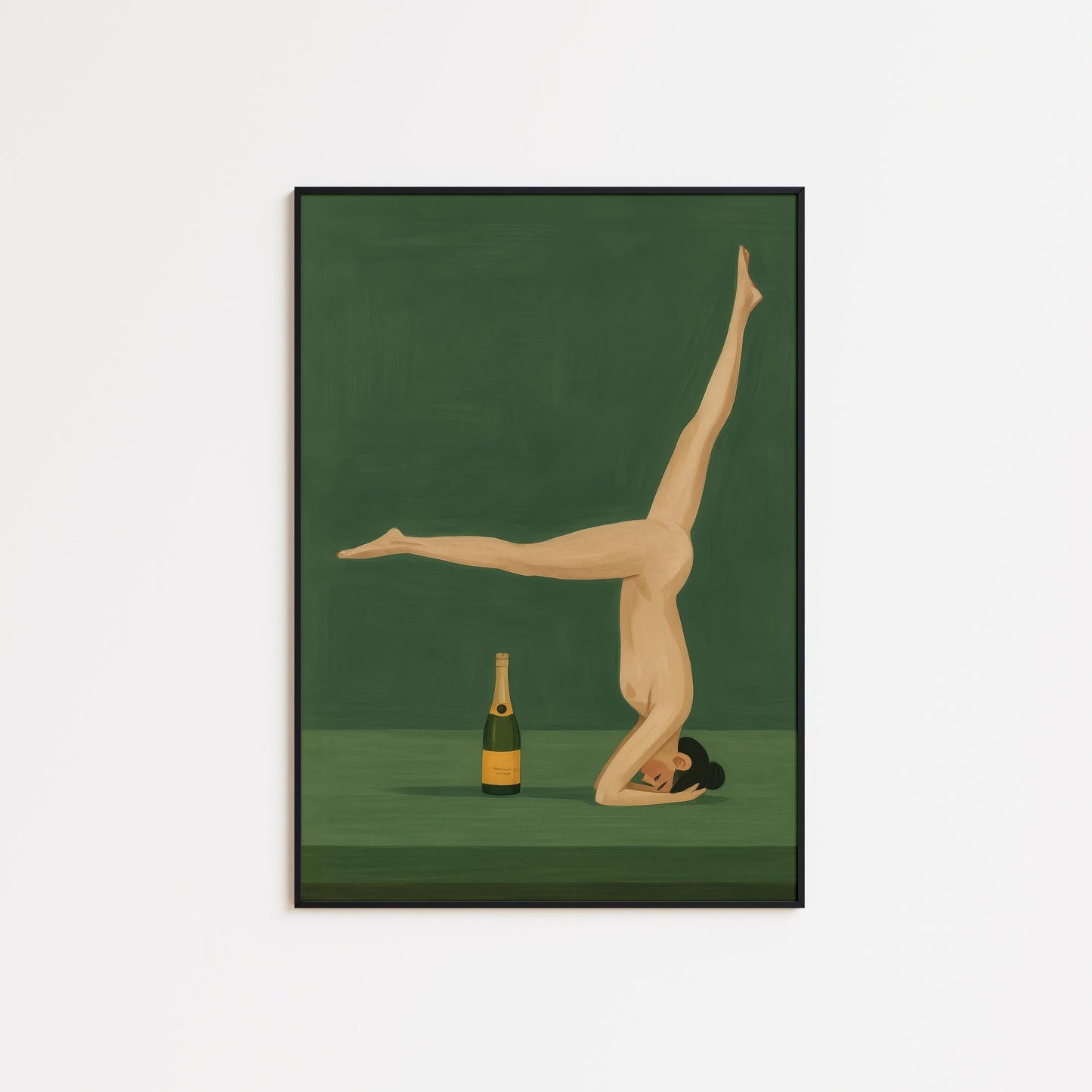 Champagne Nude Yoga Art – Minimalist Retro Poster | Green Wall Decor & Sensual Illustration