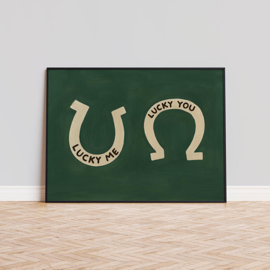 Lucky Horseshoe Wall Art – Vintage Golden Horseshoe Poster With Dark Green Retro Charm