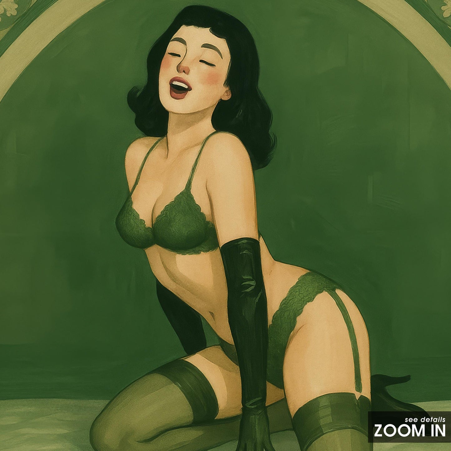 Vintage Pin Up Art – Retro Glamour Illustration | Green Lingerie Print