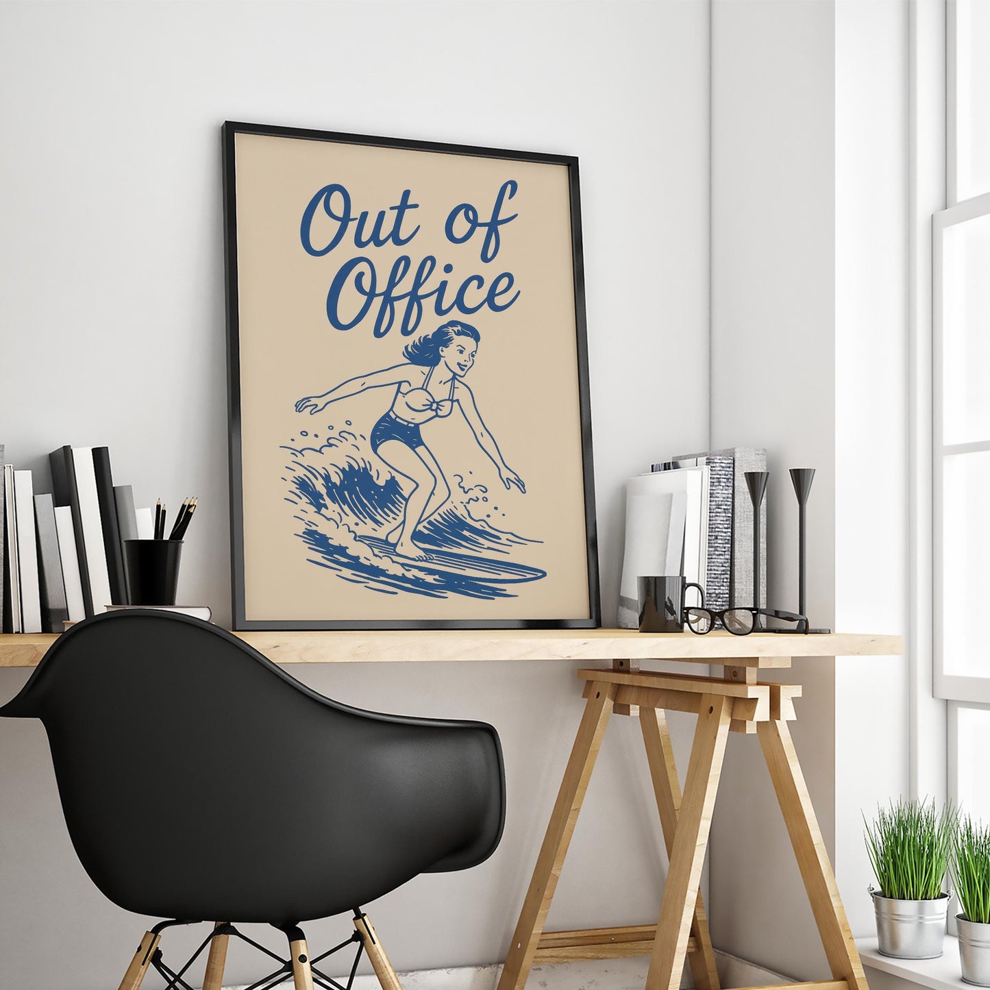 Out of Office Poster – Retro Surfer Girl Summer Wall Art
