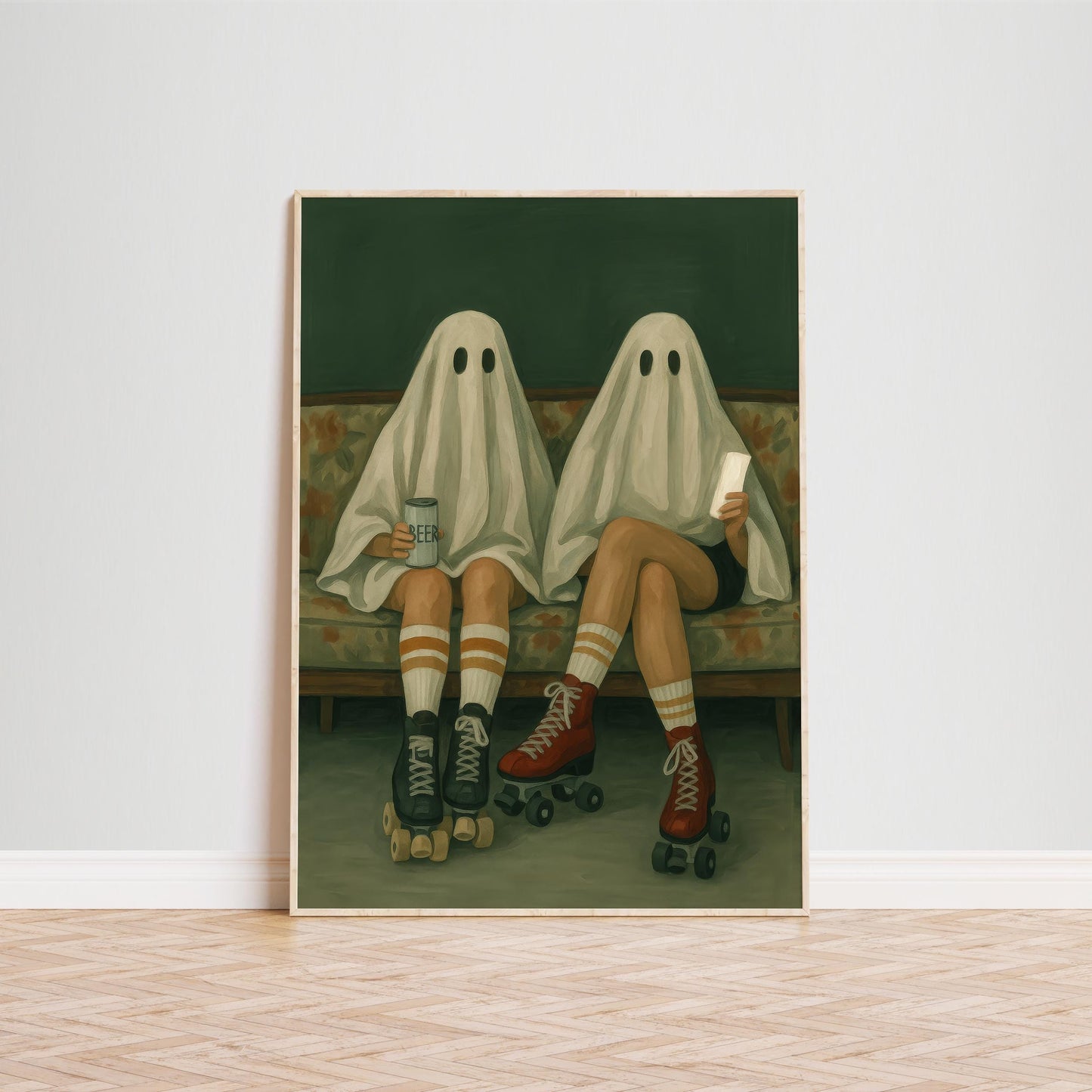 Retro Ghost Poster – Spooky Wall Art Featuring Roller Skate Ghost Friends Print
