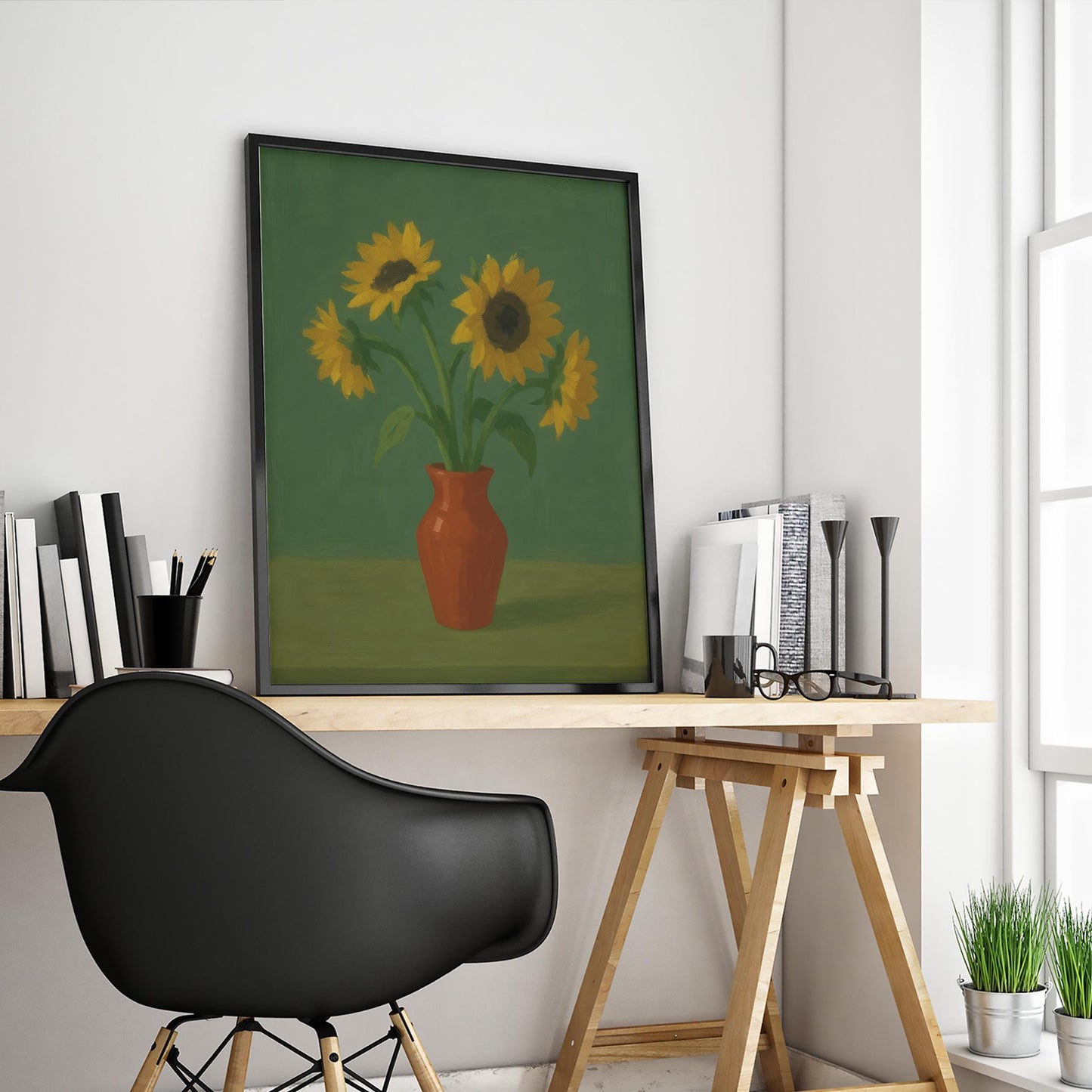 Sunflower Wall Art – Vintage Botanical Wall Print With Terracotta Vase