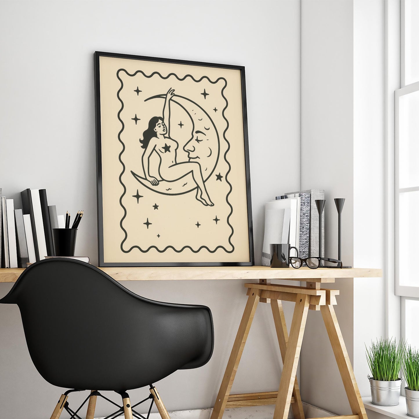 Moon Girl Line Art – Celestial Feminist Poster | Black Cream Wall Art