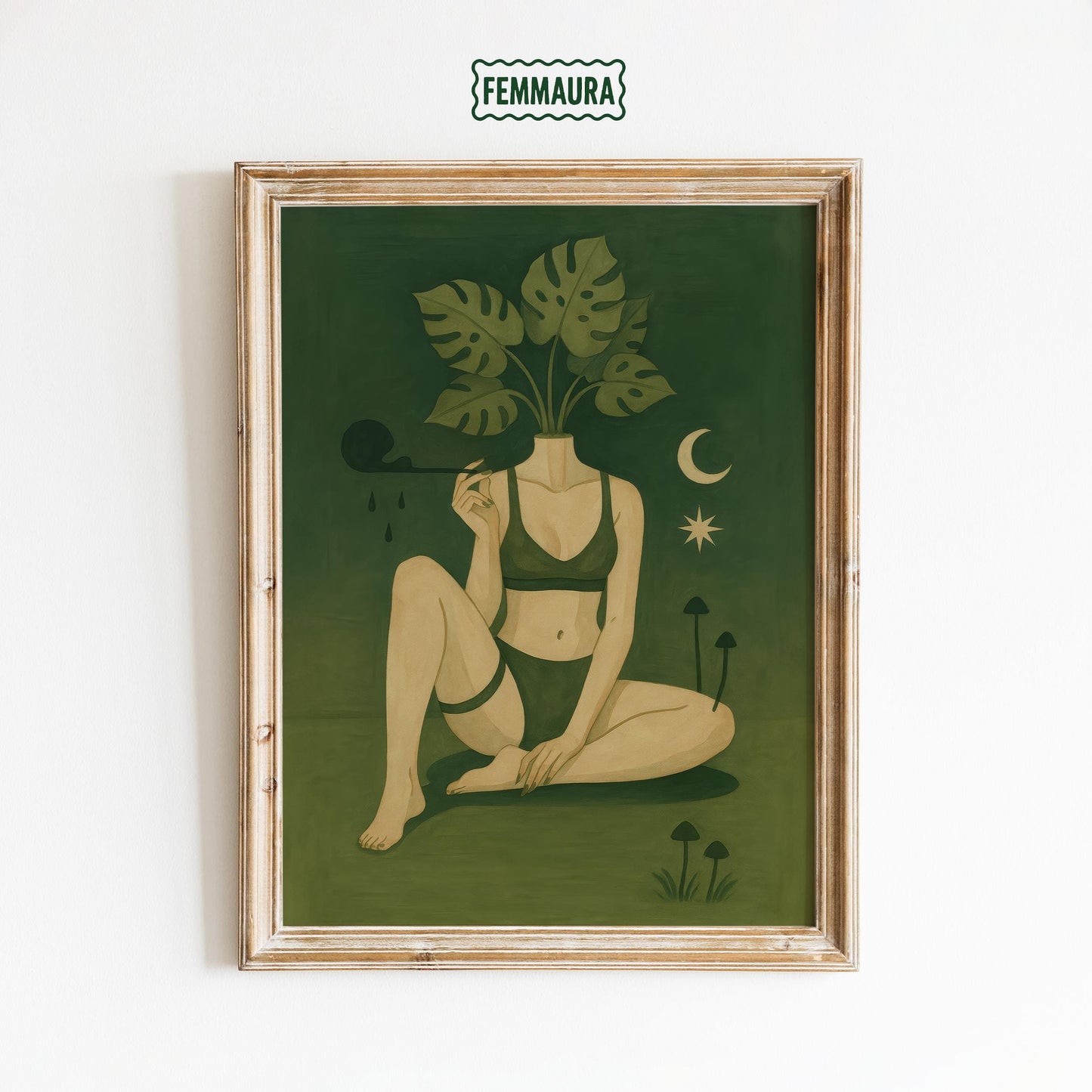 Botanical Goddess Wall Art – Mystical Green Muse Monstera Leaf Print