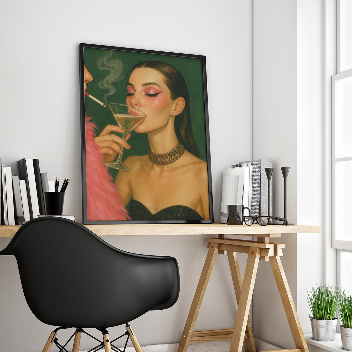 Feminine Nightlife Art – Martini Moment Illustration | Glam Smoke Art Print