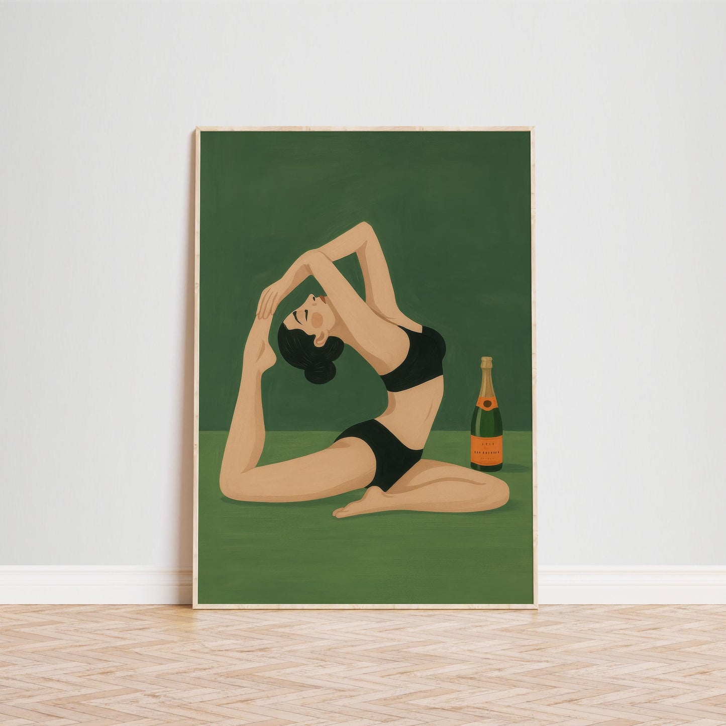 Champagne Yoga Art Print – Playful Retro Woman Poster | Green Wall Decor
