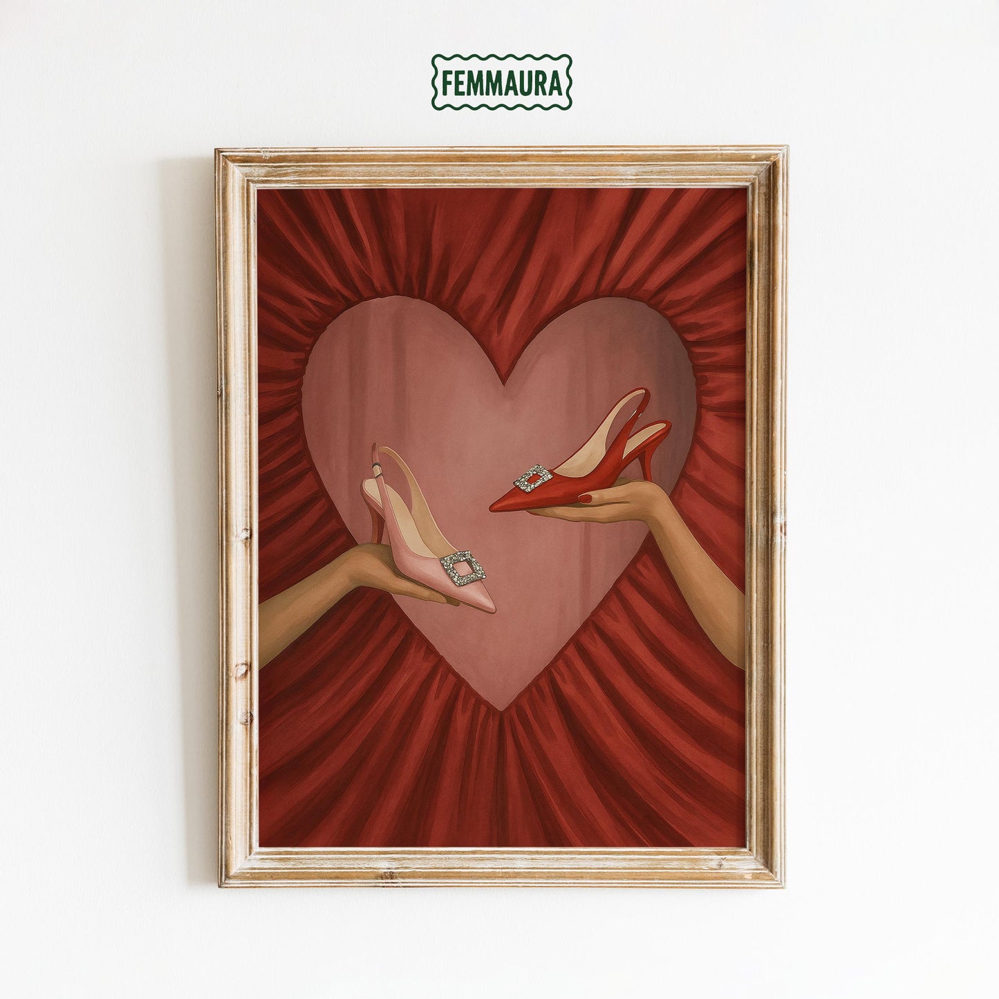 Feminine Glam Wall Art – Romantic Fashion Poster With Red Heart & Elegant Shoes