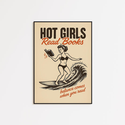 Hot Girls Read Books Poster – Retro Pin-Up Surf Art Print
