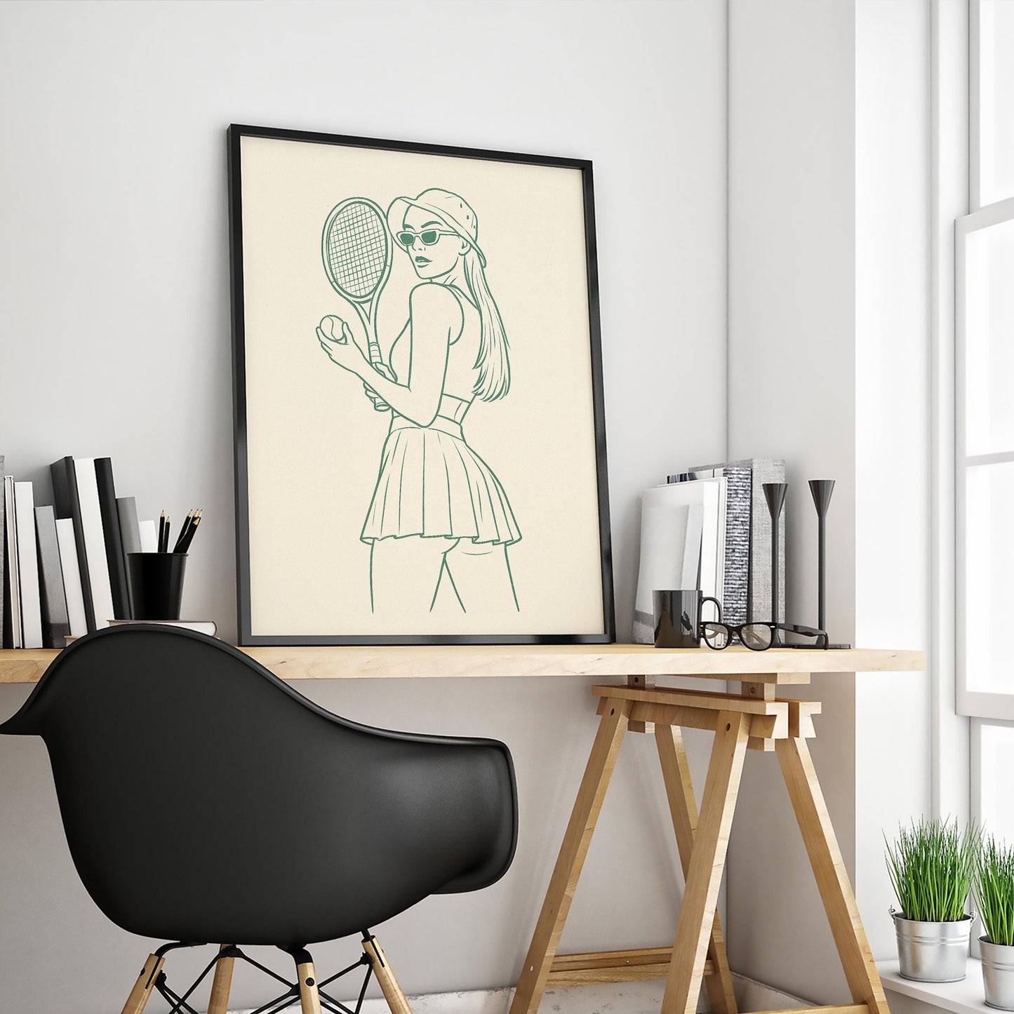 Vintage Tennis Girl Poster – Minimal Green Line Art Wall Print