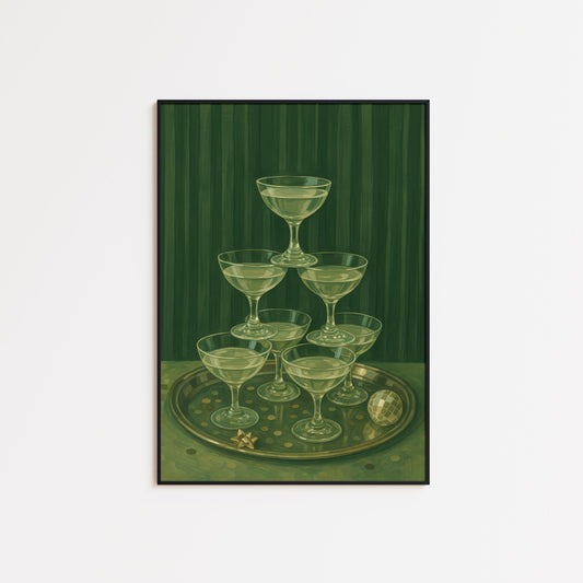Champagne Glass Poster – Retro Glam Decor | Party Wall Art in Deep Green