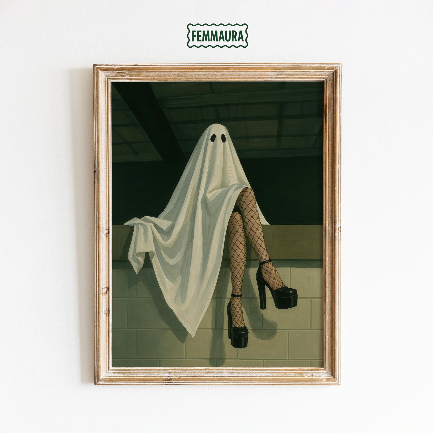 Gothic Wall Art – Surreal Ghost Print With Fishnet Stockings & Black Heels