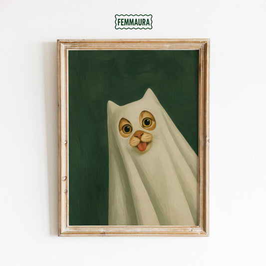 Ghost Cat Wall Art – Cute Spooky Poster | Halloween Cat Poster Decor