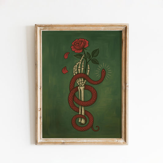 Gothic Wall Poster – Skeleton Hand Art with Red Rose & Green Serpent Design