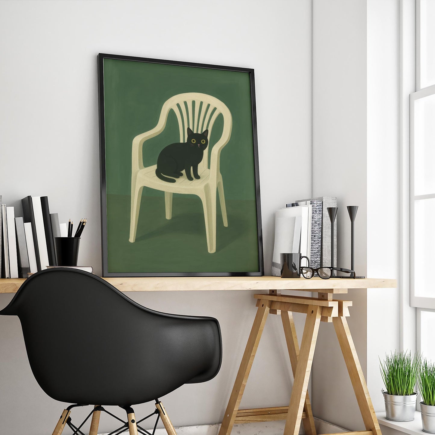 Black Cat Wall Art – Minimalist Animal Poster Print on Plastic Chair