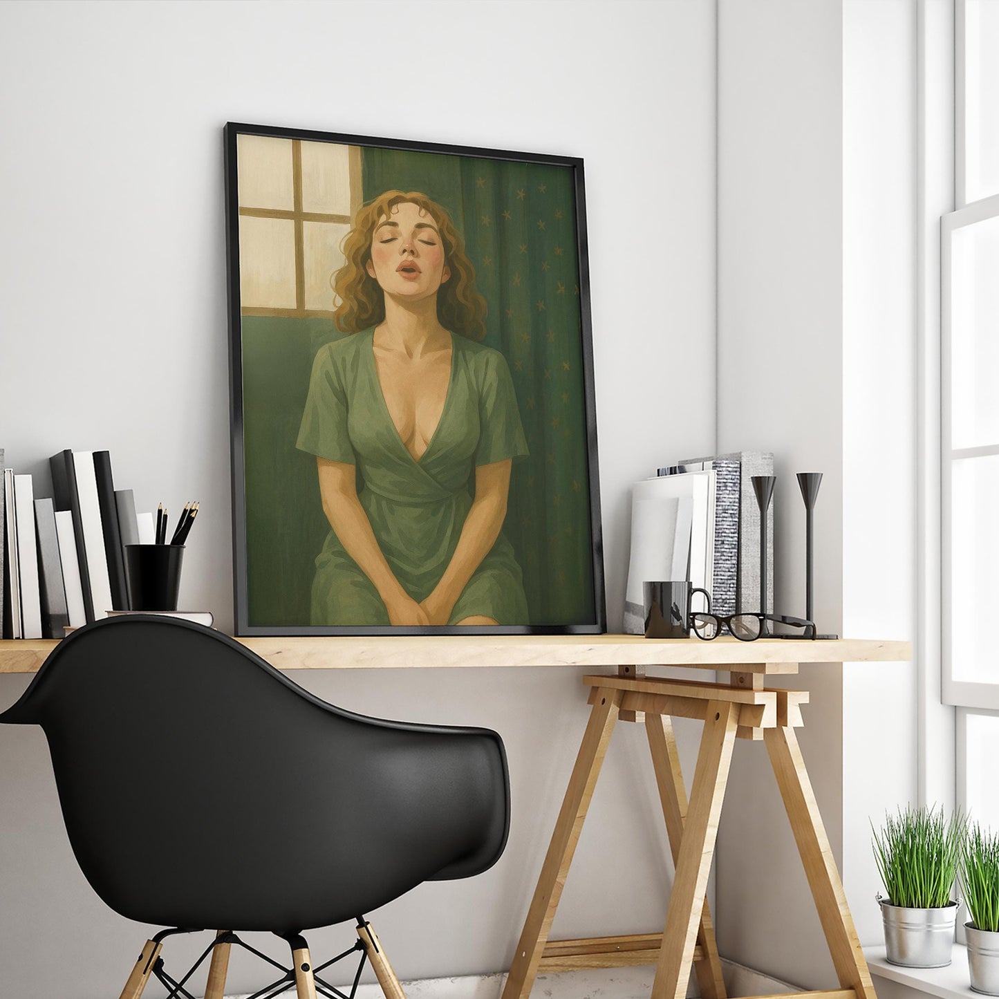 Feminine Art Print – Olive Green Artwork | Sensual Calm Poster for Bedroom Decor