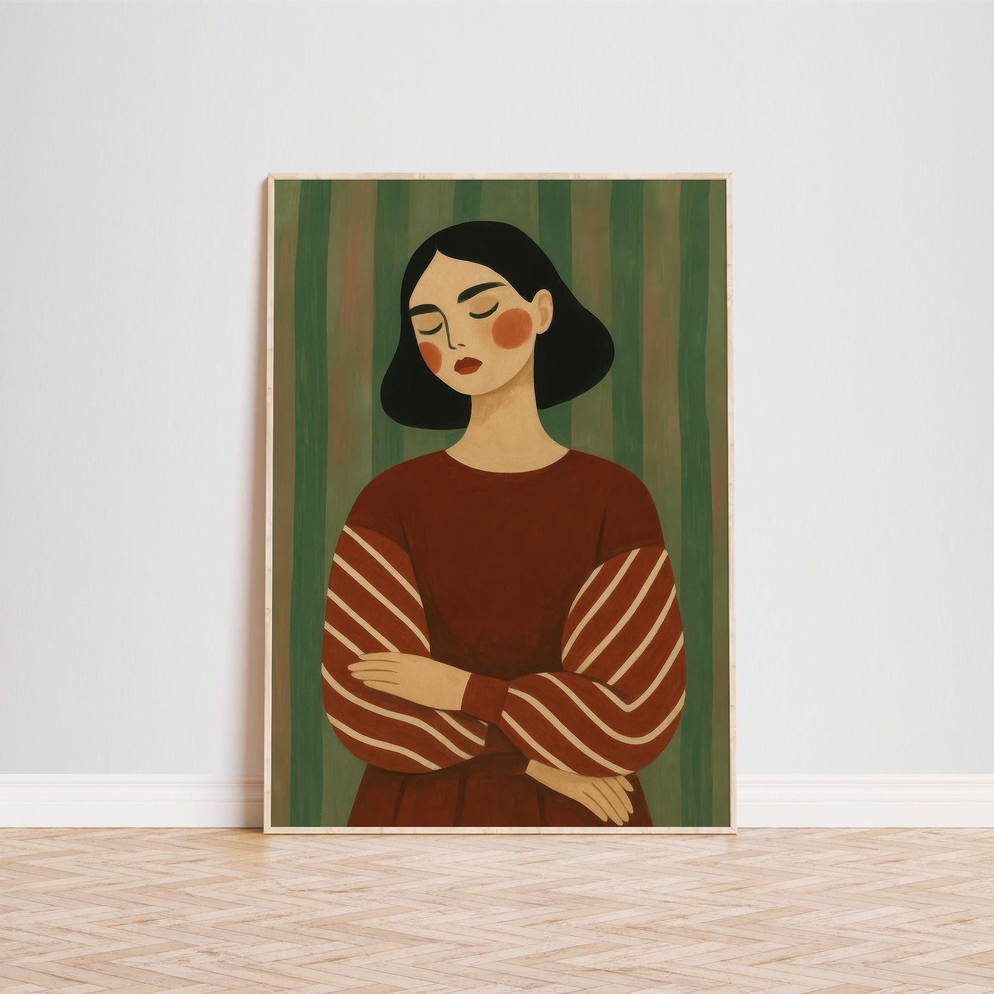 Moody Girl Poster – Emotional Portrait Art | Red Dress Wall Decor, Retro Stripe