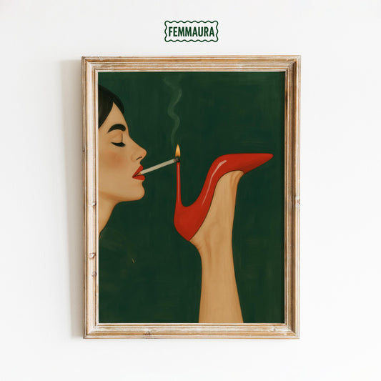 Smoking Heel Poster – Bold Retro Artwork With Red Stiletto Print