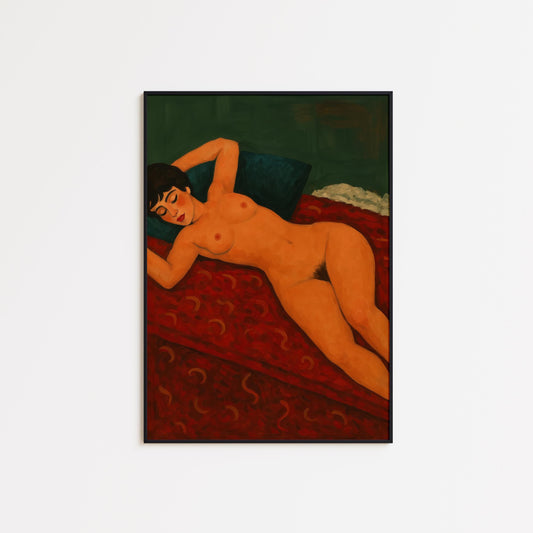 Vintage Nude Poster – Reclining Nude Art in Warm Tone Artwork for Romantic Bedroom Decor