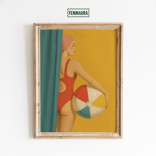 Retro Swimmer Poster – Vintage Summer Art With Colorful Beach Ball Print