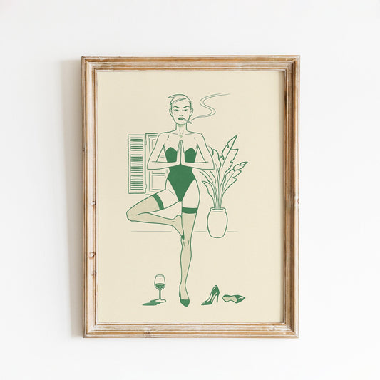 Yoga & Wine Poster – Feminine Line Art Print, Self-Care Humor Wall Decor