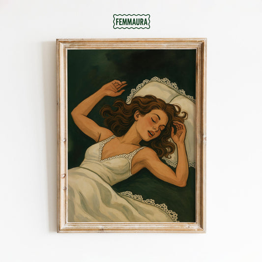 Feminine Sleep Art Print – Restful Bedroom Art in Calming Green Tones