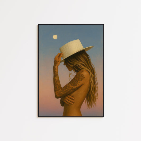 Boho Western Wall Art – Tattoo Woman Poster | Moonlight Desert Sunset Print