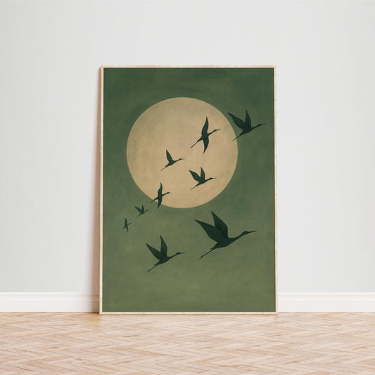 Minimalist Crane Moon Poster – Soothing Bird Wall Art in Green and Gold Tones