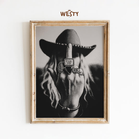 Rebel Cowgirl Finger Poster – Black and White Western Attitude Print
