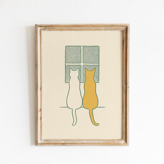Window Companions – Minimal Two Cats Line Art, Scandinavian Wall Poster