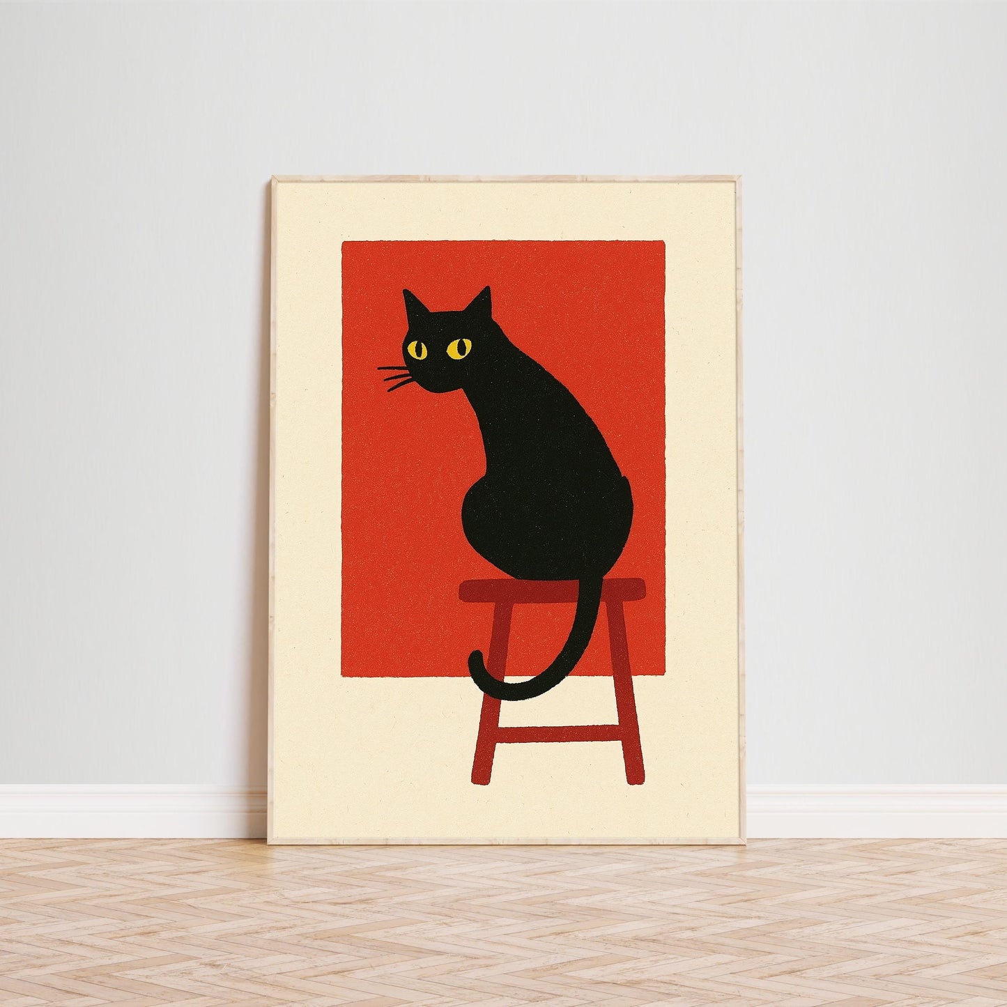 Modern Black Cat Poster – Bold Minimal Art Print, Red Abstract Wall Decor