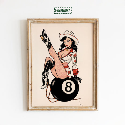 Retro Cowgirl Art – Bold Western Pinup Poster | Vintage 8 Ball Artwork
