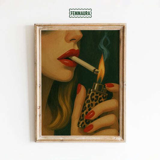 Feminine Smoking Art Print – Retro Glam Poster With Bold Lipstick & Leopard Lighter