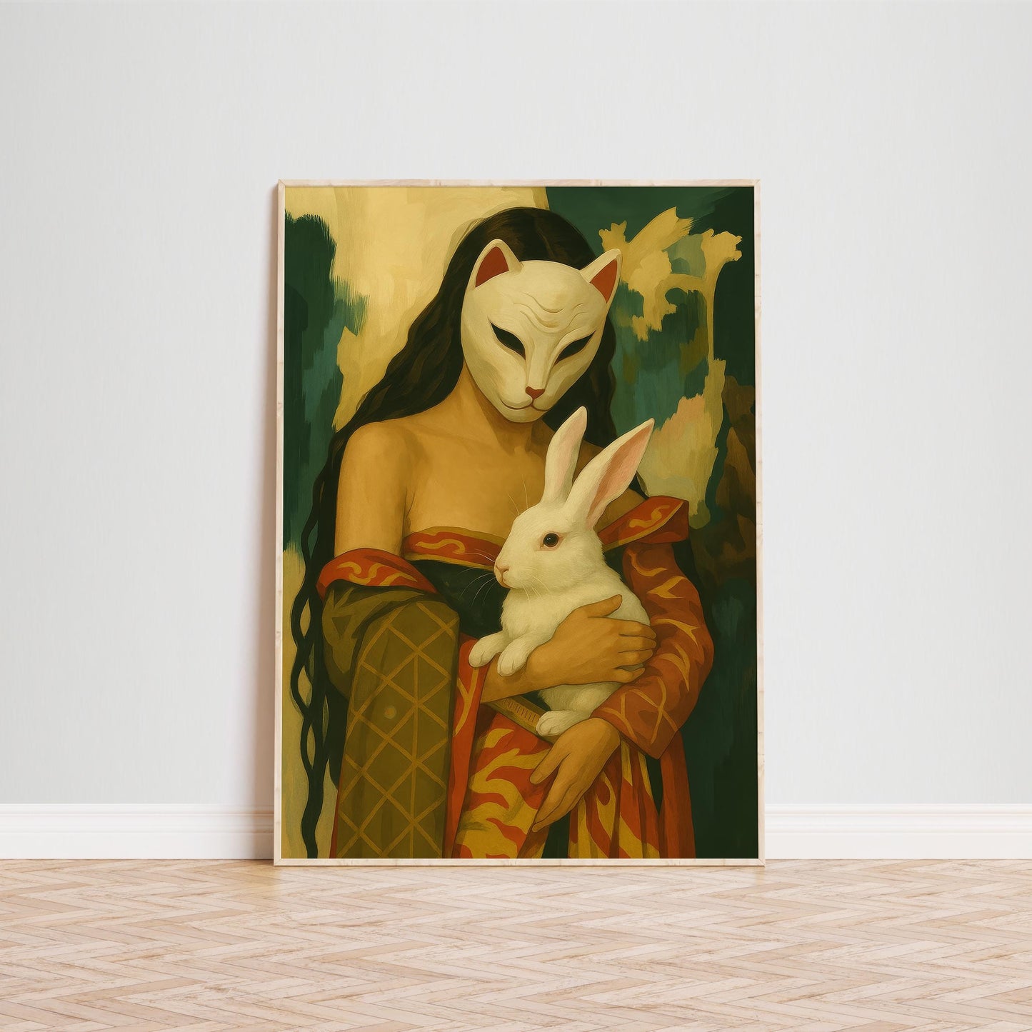 Surreal Femme Art Print – Gothic Renaissance Masked Woman & Symbolic Rabbit