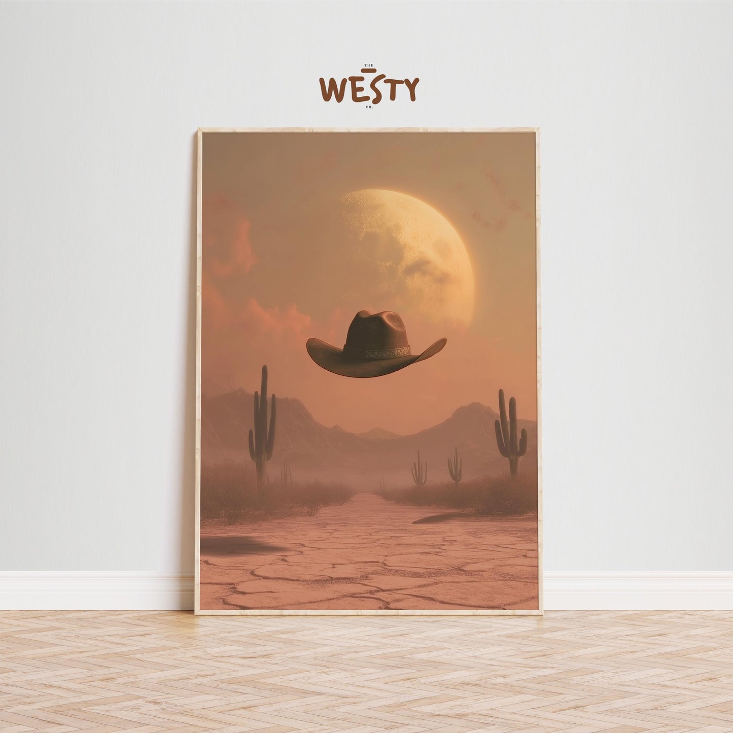 Desert Moon Cowboy Hat – Surreal Western Wall Art