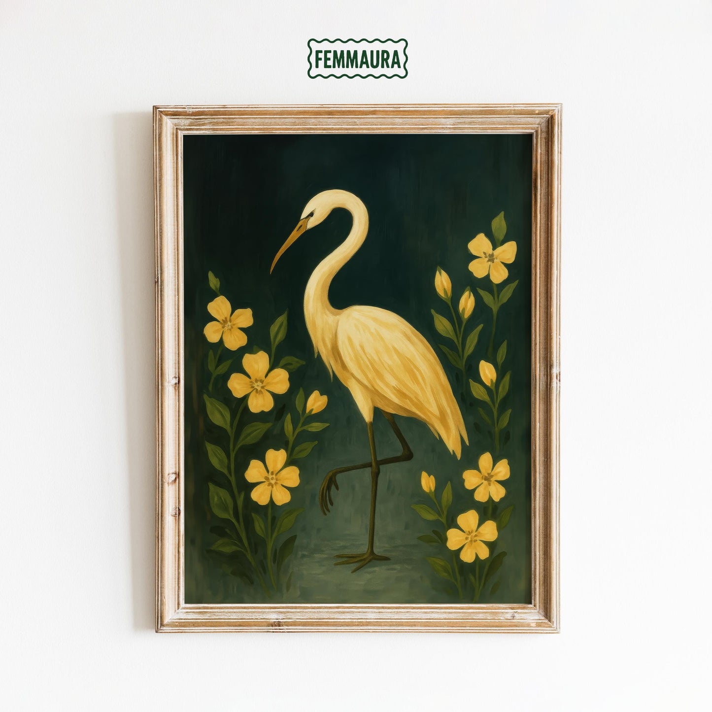 Golden Crane Wall Art – Elegant Floral Bird Artwork with Yellow Flowers