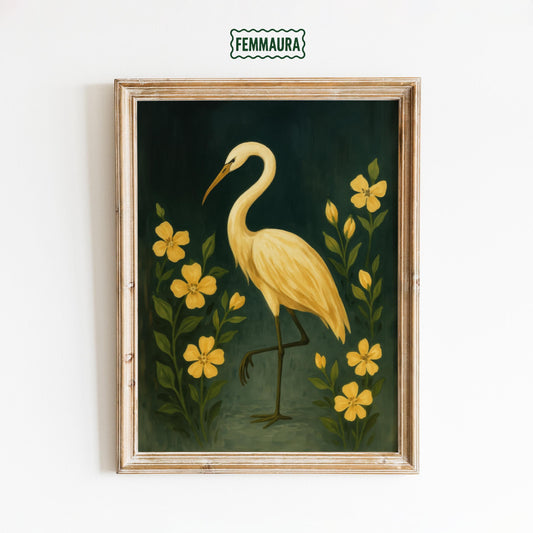 Golden Crane Wall Art – Elegant Floral Bird Artwork with Yellow Flowers