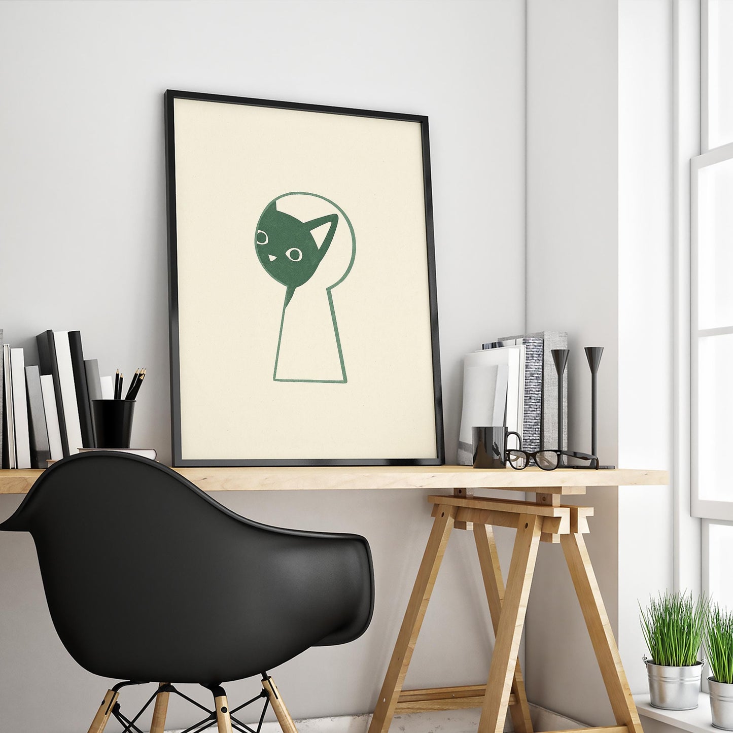 Keyhole Cat – Minimal Line Art Poster, Playful Modern Home Wall Print